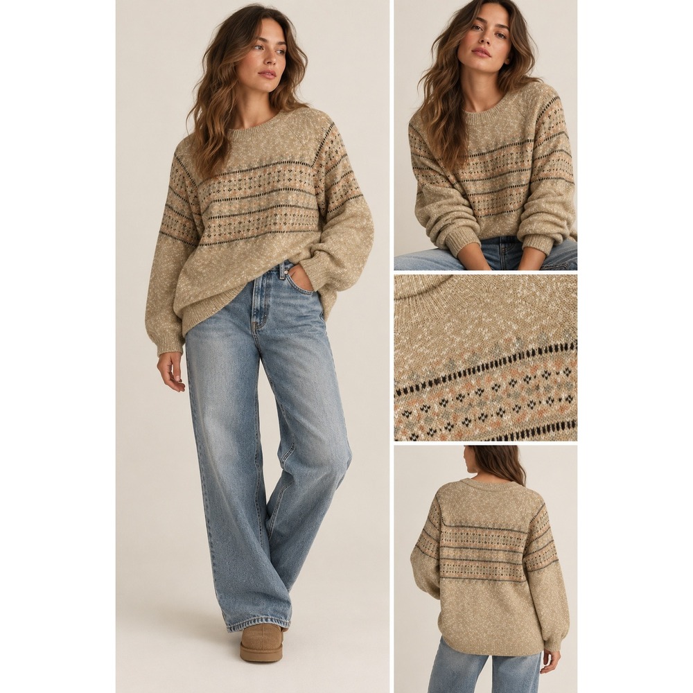 VTG Elisabeth Liz Claiborne Tan Fair Isle Marled Knit Sweater XL 80s Grandmacore